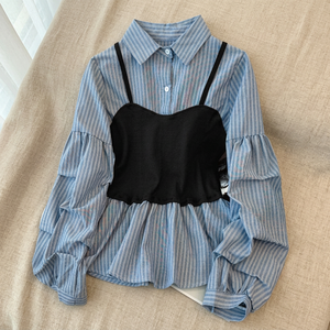 Camisa de Mujer a Rayas de Manga Larga con Botones, Top con Inserciones Negras, Mangas Abullonadas con Volantes, Corte Holgado Informal para Todas las Temporadas - Product Image 4