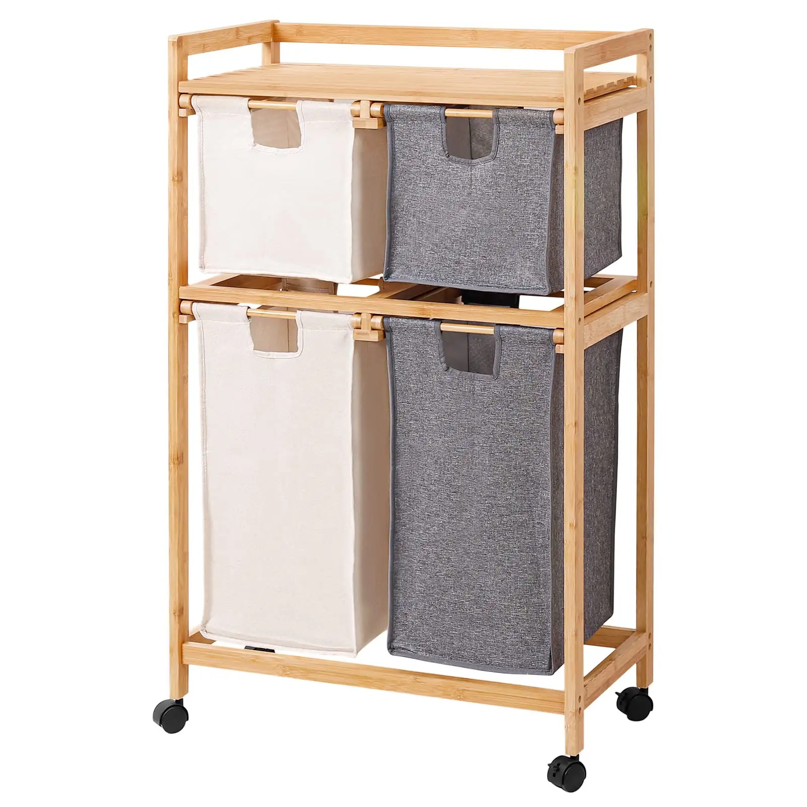 Custom Bamboo Laundry Basket with Wheel Pull-out Laundry Hamper with 4 Section Laundry Sorter Cart for Bathroom