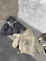 Veste courte à capuche double face en mélange de coton pour enfants, style automne, color-block, avec fermeture éclair à lettres assorties, pour garçons et filles
