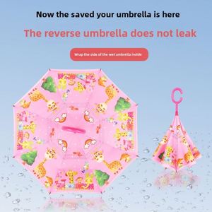 Parapluie personnalisé à double couche anti-pincement avec long manche, design inversé mains libres, motif dessin animé pour écoliers du primaire - Product Image 4