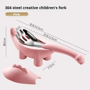 Cuchara de dinosaurio de silicona de acero inoxidable 304, tenedor para niños, sopa de entrenamiento, cuchara de comida para bebés, juego de tenedor, regalo de comedor para bebés pequeños - Product Image 6