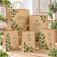 Sac en papier kraft écologique avec poignée en corde torsadée, imprimé feuilles vertes, pour emballage de vente au détail