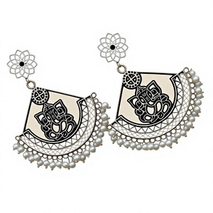 Stylish <b>Silver</b> Oxidized Chandbali Floral Ganesha <b>Earrings</b> for <b>Women</b> Girls Traditional Stud Design with Pearl Main Stone Gifts - Product Image 1