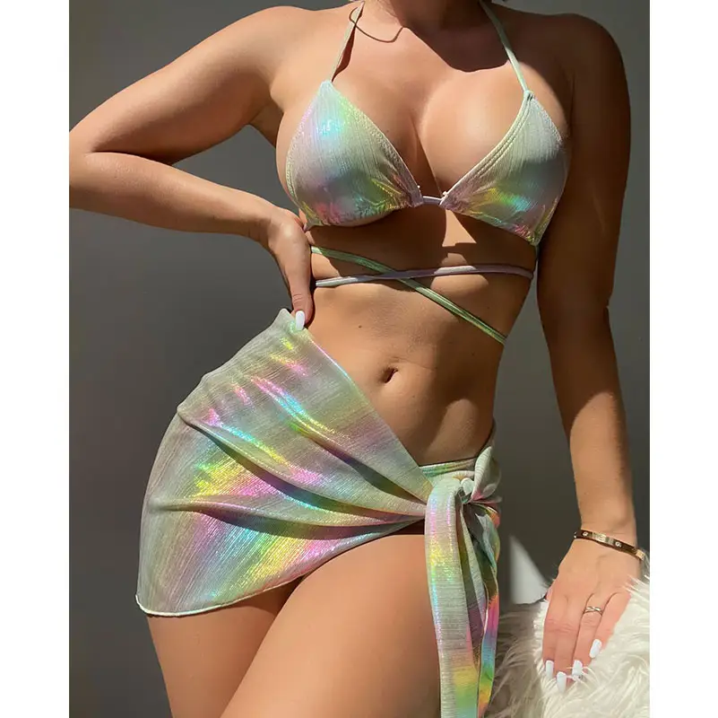 Traje de baño de playa para mujer Conjunto de bikini con cuello Halter de secado rápido con cobertura Ropa de playa y traje de baño sexy