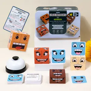 Educational 4 Player Children Social Game Wooden Expressions Matching Block Puzzles Cubes Toy