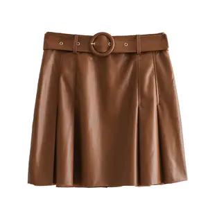 Sashes khaki color sashes pleated casual fashion women leather mini skirt for women