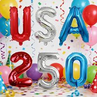 Ballons en aluminium de 16 pouces USA 250, lettres et chiffres rouges, blancs et bleus pour les décorations du 4 juillet et les célébrations du 250e anniversaire