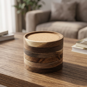 Posavasos Redondos de Madera con Base de Corcho, Antideslizantes, Accesorios Modernos para Mesa, Diseño Apilable - Product Image 3