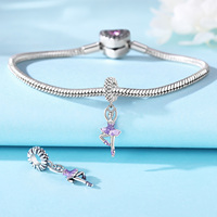 Breloque européenne à grand trou, style ballerine, en émail violet pailleté, en cuivre plaqué argent avec zircon, espaceur pour la danse, pour collier serpent DIY