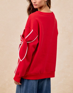 New Arrival Custom Sweet Style <b>Red</b> Bow Tie Drop Shoulder Pullover <b>Shirt</b> Casual <b>Oversized</b> 100% Cotton Crew Neck <b>Shirt</b> for Women - Product Image 2
