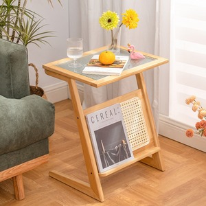 Japanese Style Sofa <b>Side</b> <b>Table</b> With <b>Storage</b> Shelf Glass Top Bamboo Material Living Room Coffee <b>Table</b> - Product Image 2