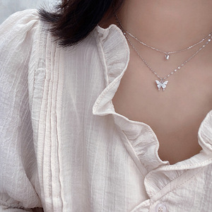 S925 Doppelschichtige Schmetterlingskette für Damen, Trendiger Cooler Stil, Nischendesign, Einfache Modische Schlüsselbeinkette, Schmuck - Product Image 4