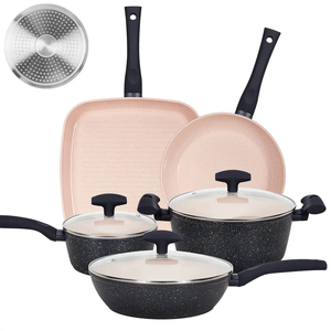 Modern <b>Ceramic</b> Marble Coated Pot <b>Pan</b> Glass Lids Bakelite Handles Non-Stick Aluminum Cookware Set Gas Induction Ready 6-Piece - Product Image 1