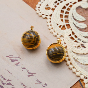 Vintage Natural Tiger Eye Stud Earrings Gold <b>Round</b> Bezel Setting Stainless Steel <b>Post</b> - Product Image 1