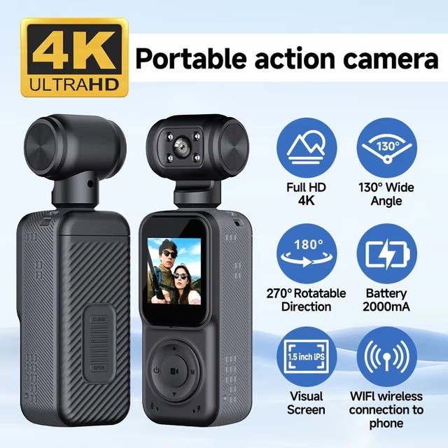 OEM 4K WiFi Wearable Camera 270° Rotating Lens Helmet Mounted Action Sports Mini Body DV Cam for Travel Vlog POV Recording
