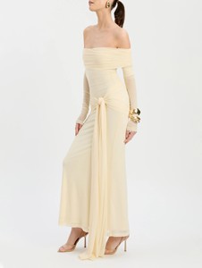 Robe longue sans col à nouer devant en maille, couleur jaune beurre, respirante, écologique, imprimée numériquement - Product Image 2