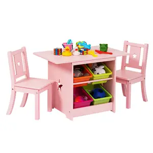 Multipurpose Pink Wooden Kids Play Table Chairs Children Furniture Set With Toy Storage Bins