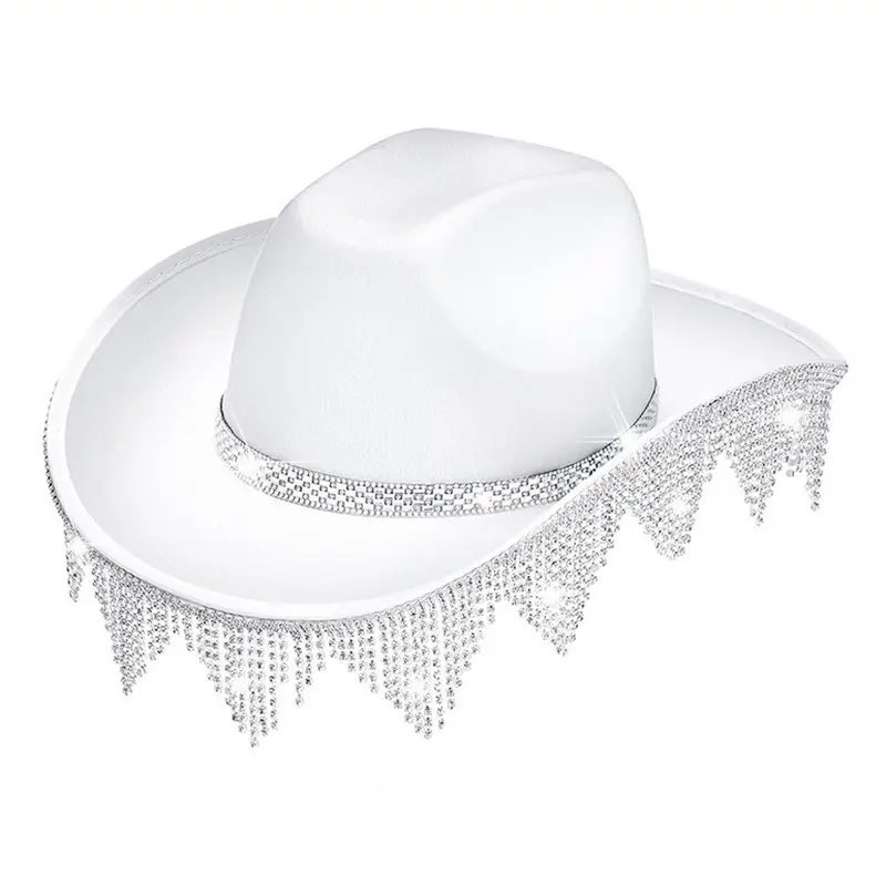 Topi koboi berlian imitasi Barat topi Cowgirl wanita topi Bling pinggiran berkilau untuk kostum pesta disko