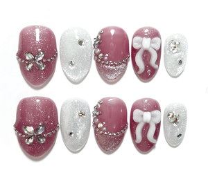 <span class=keywords><strong>Uñas</strong></span> Postizas Reutilizables con Diseño de Corazón y Lazo para San Valentín, Forma Almendrada Corta/Media, Cobertura Completa, con Pegamento, para Uso en Salón, Venta al Por Mayor - Product Image 2