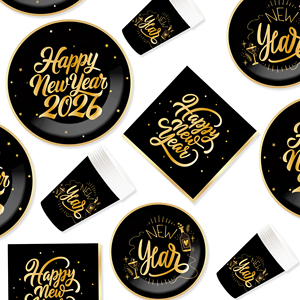 DAMAI New Years Eve Party Supplies Happy New Year Tableware Set <b>Disposable</b> Paper Plates Paper Cup Napkins and Wooden Cutlery - Product Image 2