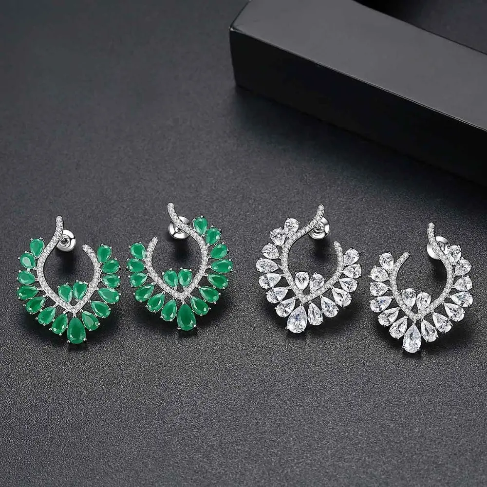 Declaración fiesta Druzy anillo de cristal de moda de venta al por mayor de la joyería de cobre diseño Zircon colorido verde blanco Stud pendientes para las mujeres