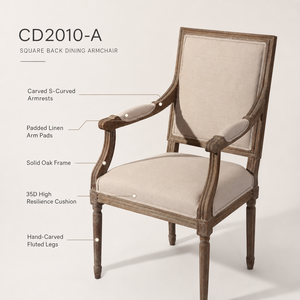 Fauteuil de salle à manger vintage français à dossier carré, en bois de chêne massif patiné, <span class=keywords><strong>chaise</strong></span> de maître de table sculptée avec accoudoirs rembourrés, pour hôtels et restaurants - Product Image 2