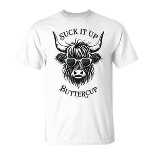 T-shirt Suck IT Up Buttercup Highland Cow bianca unisex per adulti taglia M - Product Image 1