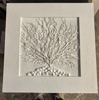 Peinture 3D en grès faite à la main, art mural en relief d'arbre blanc avec base en galets, cadre en boîte à ombre, décoration intérieure