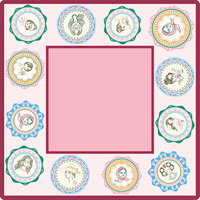 Alas Meja Permainan Mahjong Bergambar Wanita Bergaya Retro Prancis dengan Latar Belakang Pink Lembut dan Pinggiran Burgundy untuk Pesta Teh Wanita.