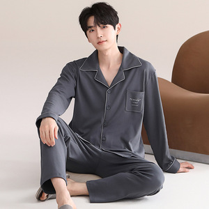 Pigiama <span class=keywords><strong>da</strong></span> <span class=keywords><strong>uomo</strong></span> di lusso personalizzato 2025 in 100% cotone traspirante a maniche lunghe lavorato a maglia per casa e notte, ideale per l'estate e l'inverno - Product Image 3