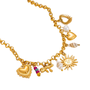 Collana da Donna Boho Personalizzabile Fai-da-Te con Ciondolo Sole e Cuore Placcato Oro, Catena in Acciaio Inox con Conchiglia Naturale - Product Image 1