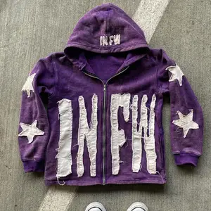 Huili Oem High Quality Custom Heayy Weight Distressed Embroidered Hoodie No Hem Zip Up Men Boxy Fit 100% Cotton Patchwork Hoodie