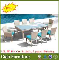 Mobilier d'extérieur en rotin blanc ensemble de table à manger table longue rectangulaire avec chaise table à manger et chaise pour 8 personnes