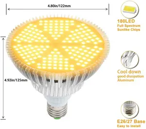 Bombilla LED de espectro completo para plantas, luz solar de 120W, E26/E27, base de cultivo, 180 LED