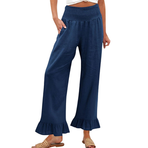 <span class=keywords><strong>Pantaloni</strong></span> <span class=keywords><strong>Palazzo</strong></span> da Donna <span class=keywords><strong>a</strong></span> Gamba Larga in Cotone 70% <span class=keywords><strong>Lino</strong></span> 30% con Vita Alta e Orlo Arricciato, Stile Boho Estivo Casual e Fluido - Product Image 4