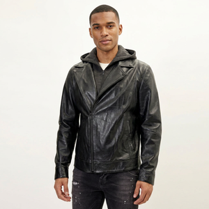 Veste en cuir à capuche pour homme personnalisée, capuche amovible, veste de motard noire, coupe ajustée, manteau de moto, mode masculine, streetwear décontracté, OEM - Product Image 1