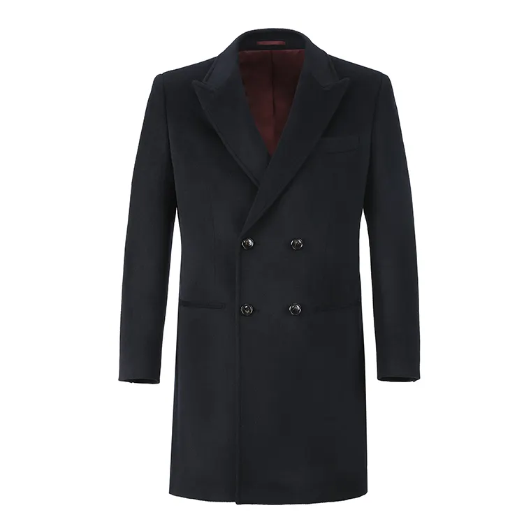 Men's Peaked Lapel Double Breasted Slim fit Long Pea Coat New design black coat warm winter woolen trench top coat