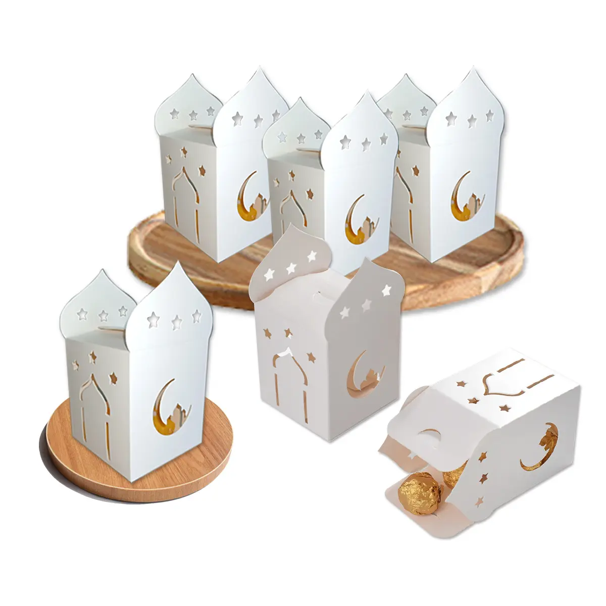 Individuelle Eid Mubarak Dekoration Papierbox Muslimisches Festival Ramadan Kareem Geschenkbox Süßigkeiten Schokolade Kuchen Box islamische Partyzubehör