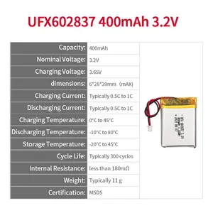 Chinese Li-ion Cell Manufacturer LiFePO4 Battery Pack UFX 602837 600mAh 3.2V Safety Lipo Battery