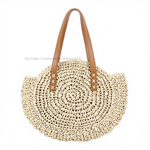 Bolso de playa de cuerda tejida con asa redonda simple para mujer, con dos correas y cierre de cremallera, Tanjing - Product Image 1