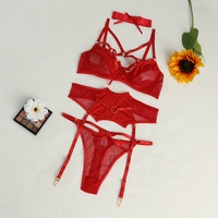 Vente chaude femmes Sexy Lingerie à la mode maille trou sangle froncé avec col quatre pièces Sexy ensemble de Lingerie
