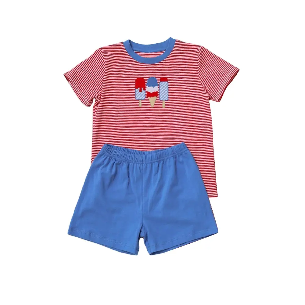 Kızlar için ön sipariş butik çocuk giyim 2 adet Set dondurma baskı kırmızı çizgili kısa kollu giyim mavi şort takımı