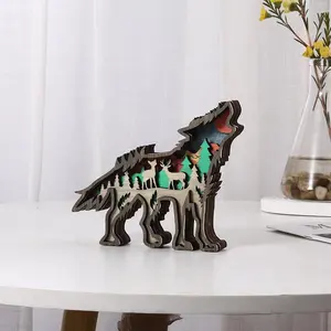 Hete Verkoop Dier Kunst Decoratie Huis Ornament 3d Hout Gesneden Gekleurde Houten Wolf Bos Dier Decor