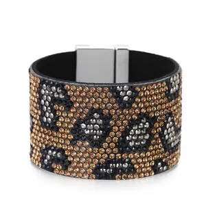 2020 New pop hot selling bangle rhinestone wide leather bracelet Leopard pattern Fashion versatile