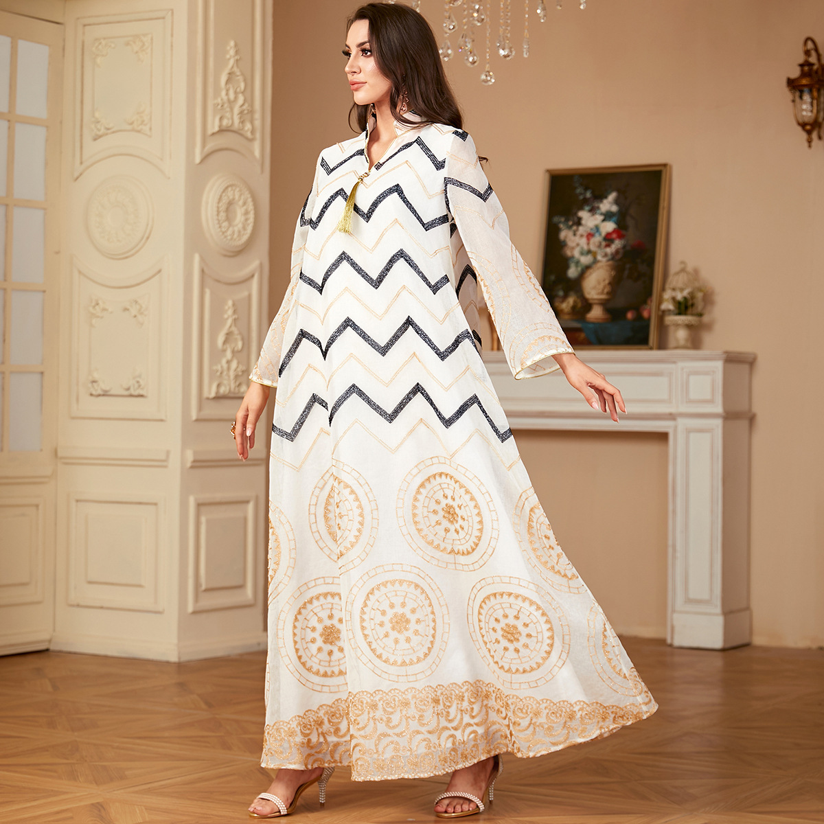 Fashion Multi Color Geometric Printed Open Abaya 2025 New Muslim