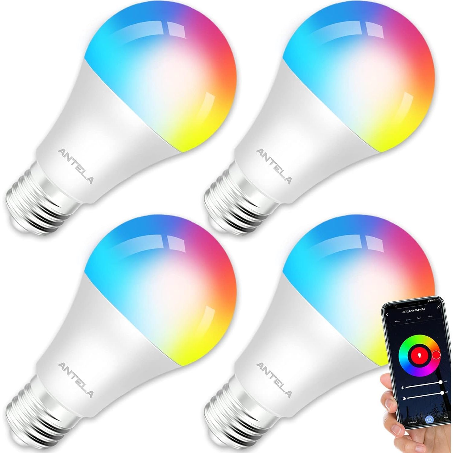Antela Smart Led Bulb 9W A19 Plastic Wi-Fi App & Assistant Control Dimmable RGB Color-Changing 25000 Hours 2-Year Warranty