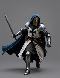 Costume d'armure complète 3D de Chevalier Templier en acier, avec cape bleue à capuche, pour guerrier croisé médiéval, reconstitution historique et casting - Product Image 3