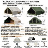 Tente de camping gonflable monocouche en tissu coton 6.3+7.2, imperméable quatre saisons, à montage rapide, avec auvent d'extension