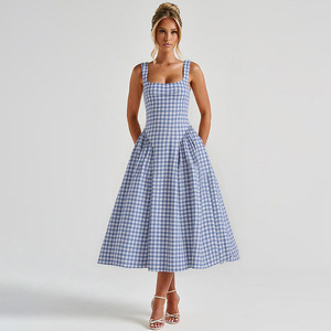 Nouvel arrivage Robe longue américaine à carreaux bleu pastoral pour femmes, style campagne et été, tenue décontractée - Product Image 1