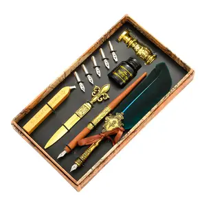 Professional Supplier Officer Executive Quill Wooden Feather Dip Pen Set Gold Letter Opener Calligraphy Pen Seal Wax Stamp Set